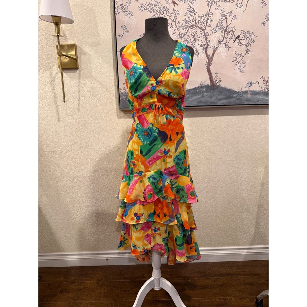 Dress-U-II by Sharon Floral Halter 90s/y2k Tiered Ruffle Dress Yellow‎ 16